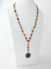 Givenchy Beaded Necklace Vintage Gold Tone Round Pendant Amber Brawn Gripoix