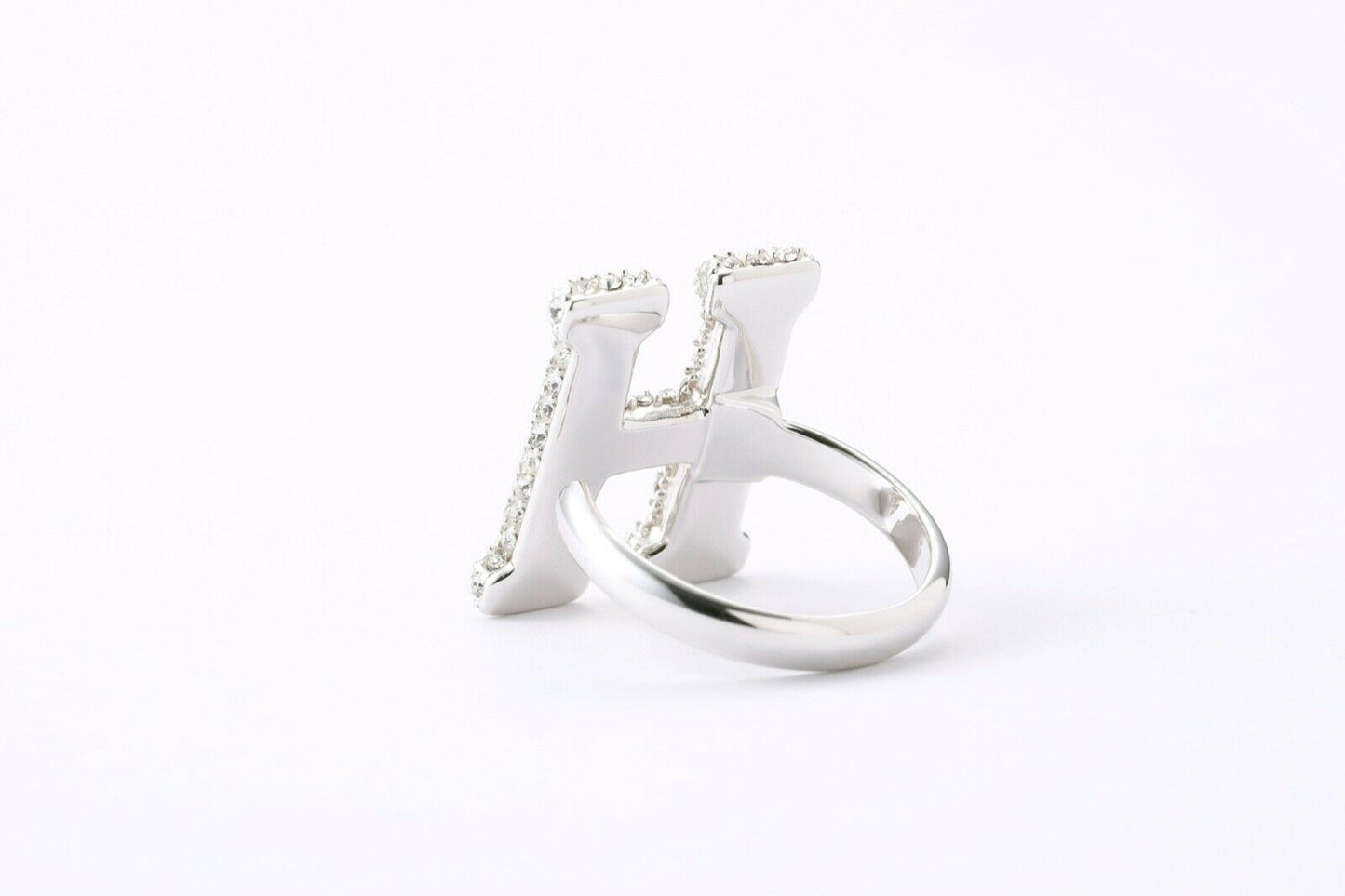 Alphabet Ring Initial H Swarovski Crystals Free Size Sterling Silver 925 Rhodium Plated