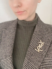 【SOLD OUT】YSL Yves Saint Laurent Vintage Gold Tone Logo Brooch Pin Rhinestones Collector Item