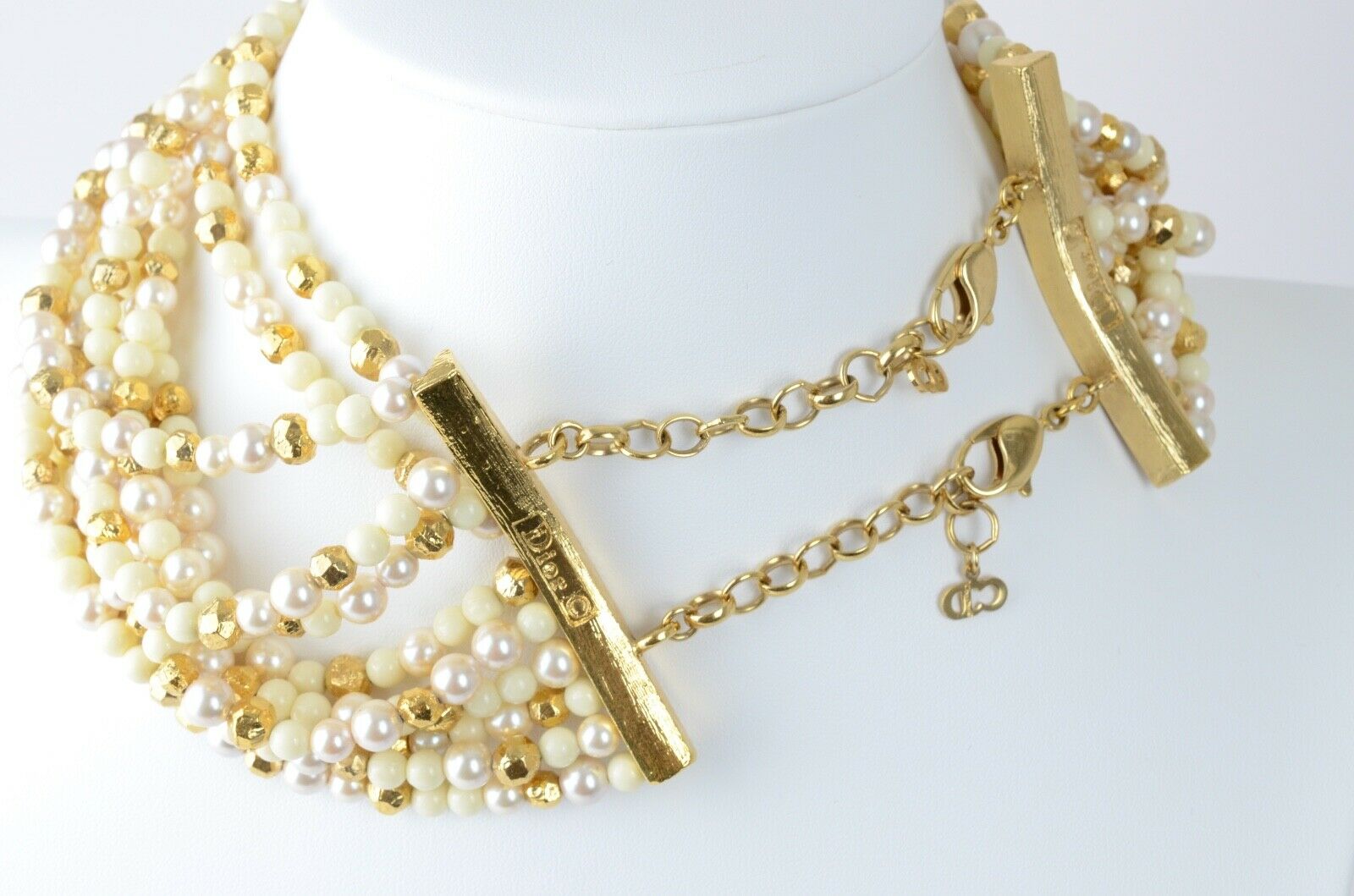 Christian Dior  poison necklace Gold Tone Bead Faux Pearl 11 Strand Choker Necklace Vintage John Galliano