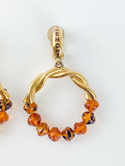 Givenchy Paris Vintage Gold Tone Hoop Earrings Logo Amber Beaded
