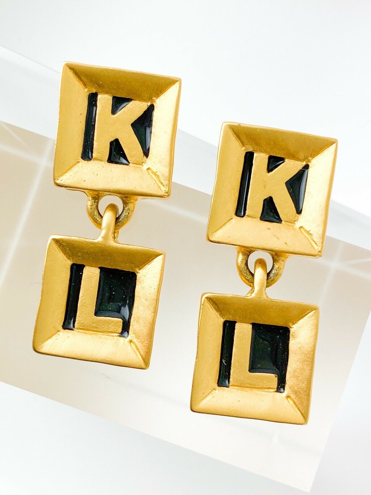 Karl Lagerfeld Vintage Gold Tone Dangle Earrings KL Script Square