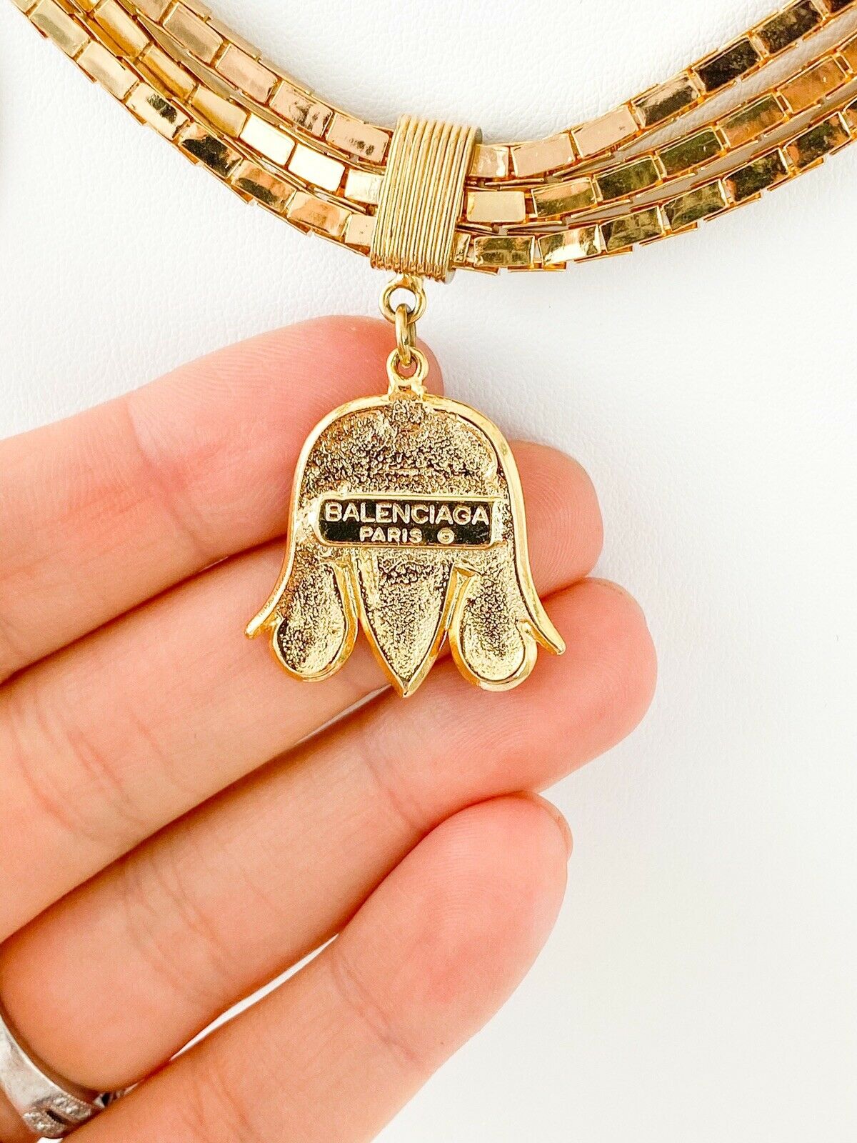 Balenciaga Paris Gold Tone Vintage Charm Necklace Black Enamel