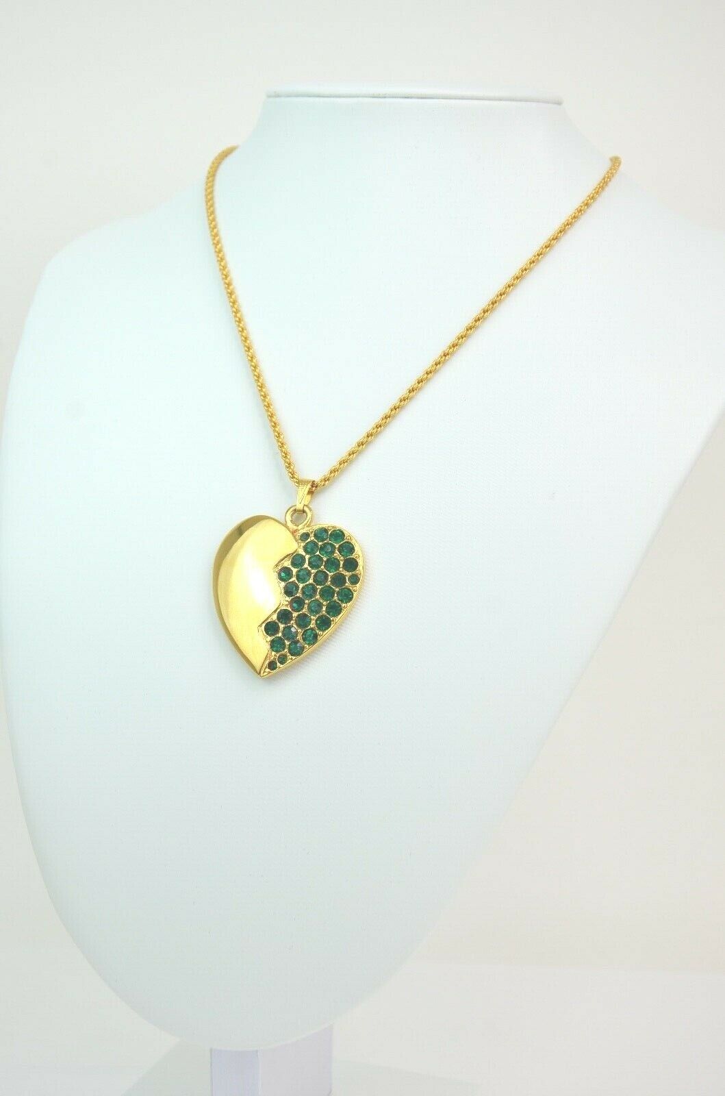 YSL Yves Saint Laurent Gold Tone Broken Heart Pendant Necklace Vintage Rhinestones Emerald Green