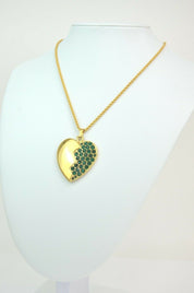 YSL Yves Saint Laurent Gold Tone Broken Heart Pendant Necklace Vintage Rhinestones Emerald Green