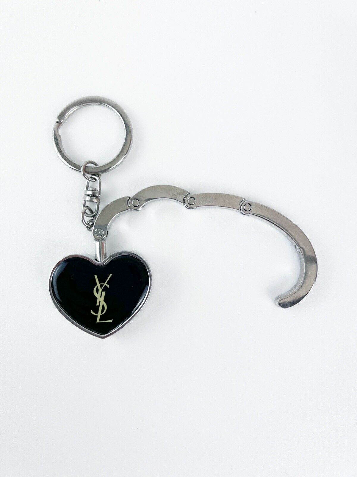 YSL YVES SAINT LAURENT Heart Logo Key Ring, Key Holder Key Hook Silver Tone