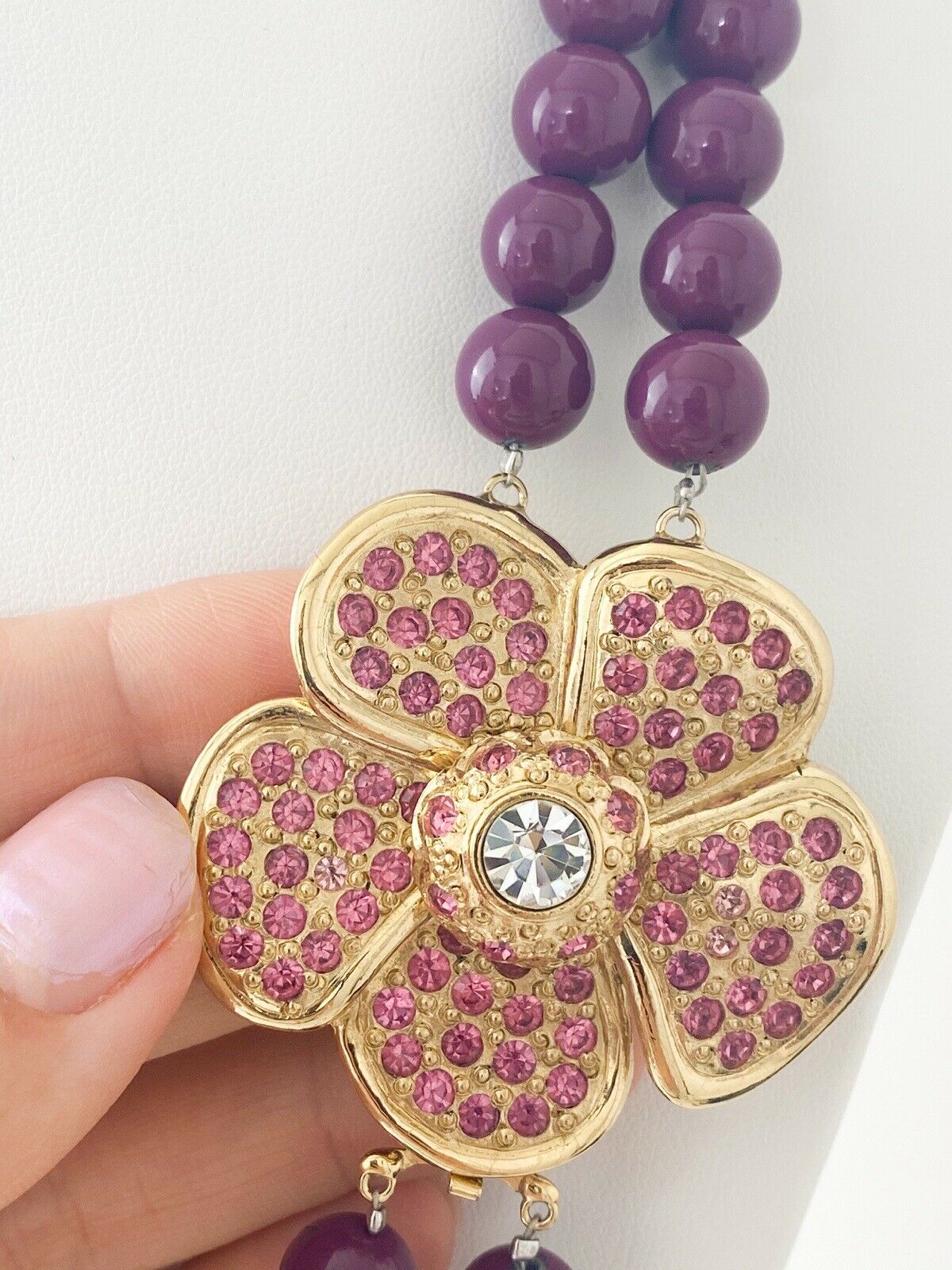 【SOLD OUT】YSL Yves Saint Laurent Vintage Gold Tone Flower Beaded Necklace Purple