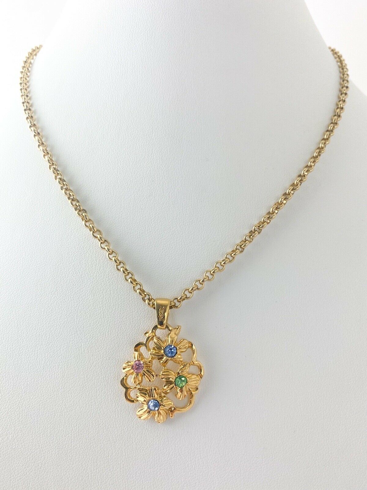 【SOLD OUT】YSL Yves Saint Laurent Vintage Gold Tone Flower Necklace Rhinestones