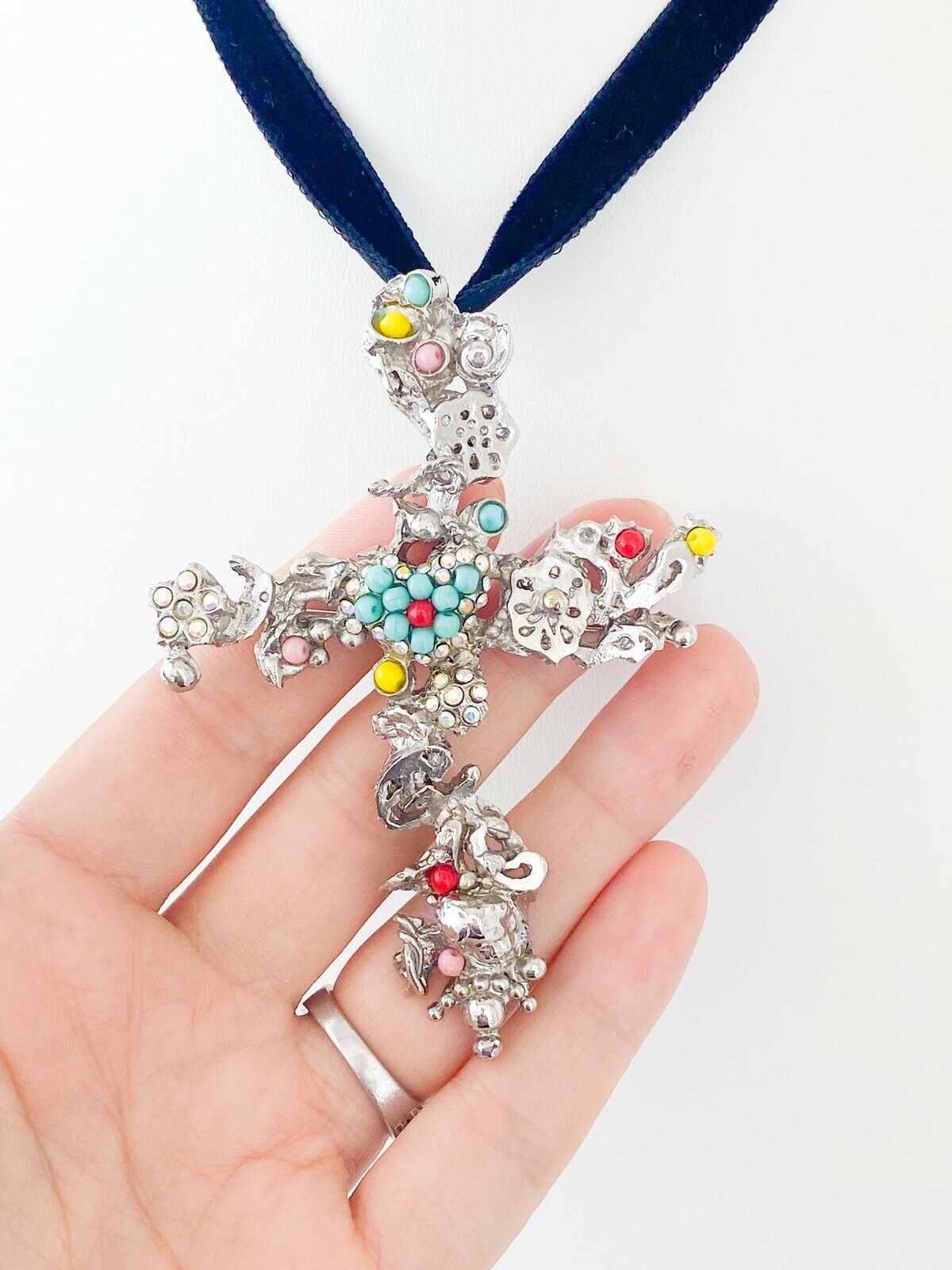 Christian Lacroix Vintage Silver Tone Cross Necklace Velvet Strap Beads Made in France