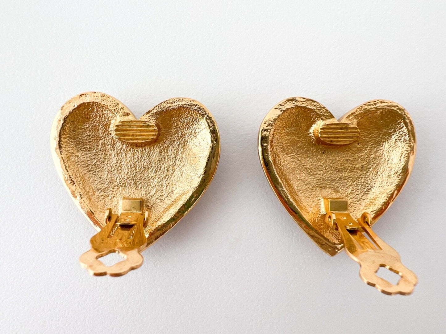 Jacques Fath Gold Tone Heart Clip-On Earrings Black JF Logo Rhinestone