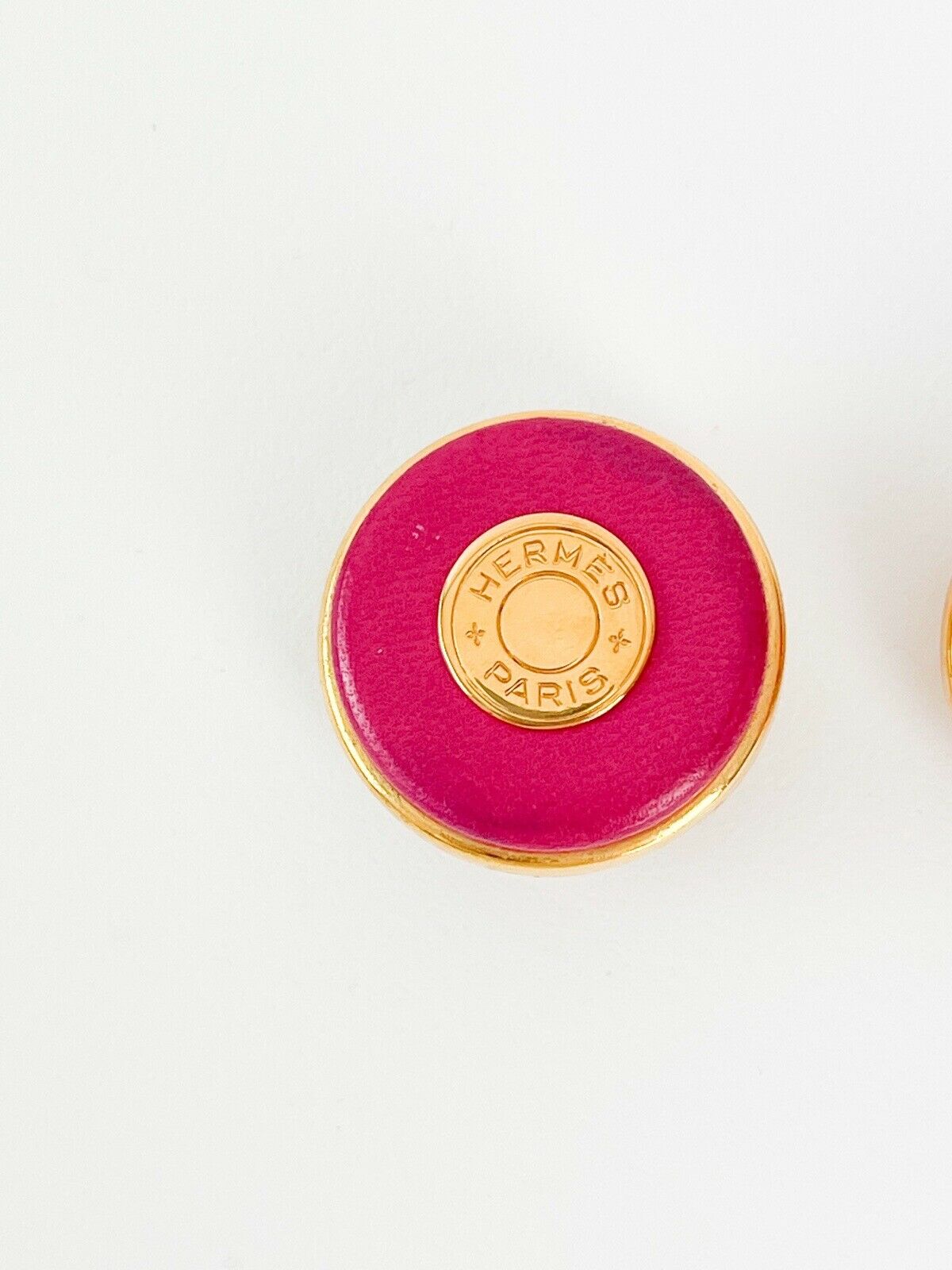 Hermes Paris Vintage Clip-On Earrings Round Leather Pink Gold Tone