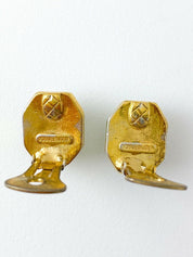 Vogue Bijoux Vintage Gold Tone Earrings Cabochon Emerald Green