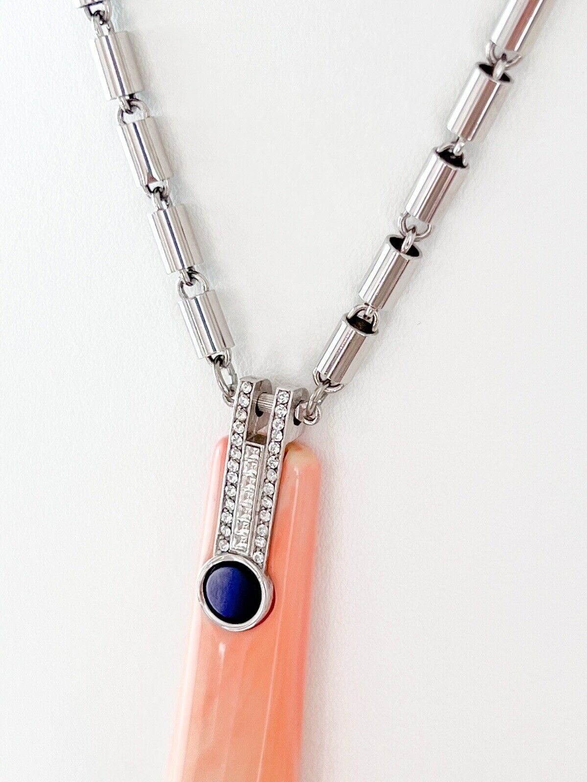 Givenchy Vintage Silver Tone Pendant Necklace Large Pink Navy