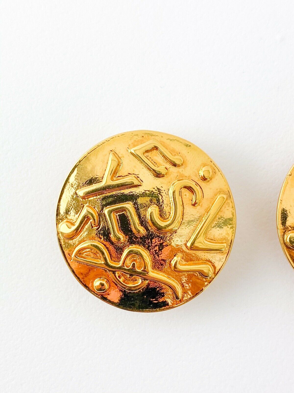 YSL Yves Saint Laurent Vintage Gold Tone Medal Earrings Logo Music Note