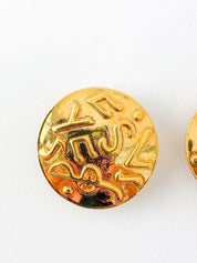 YSL Yves Saint Laurent Vintage Gold Tone Medal Earrings Logo Music Note