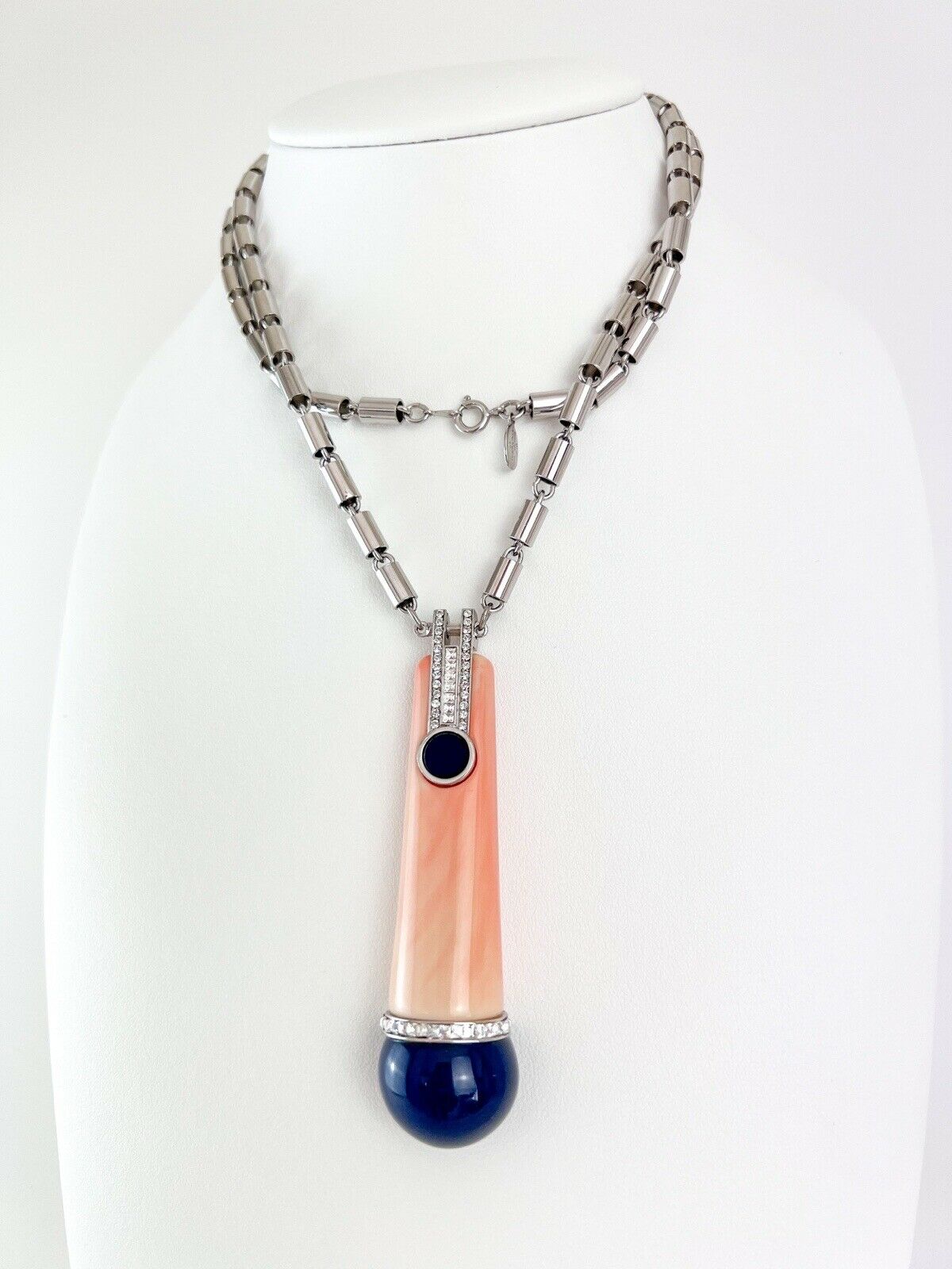 Givenchy Vintage Silver Tone Pendant Necklace Large Pink Navy