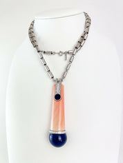 Givenchy Vintage Silver Tone Pendant Necklace Large Pink Navy