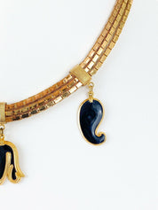 Balenciaga Paris Gold Tone Vintage Charm Necklace Black Enamel