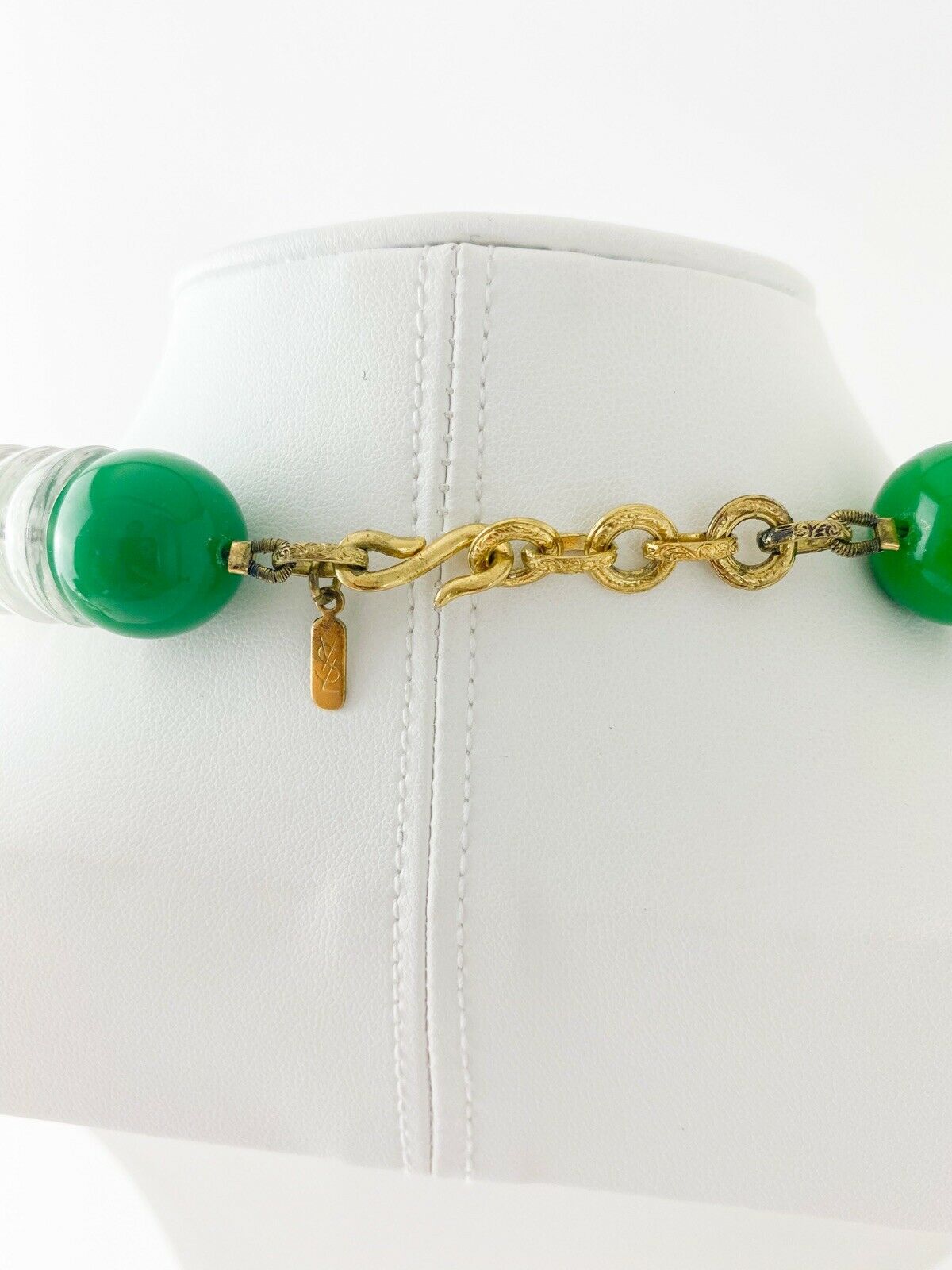 YSL Yves Saint Laurent Vintage Gold Tone Link Necklace Emerald Green Black