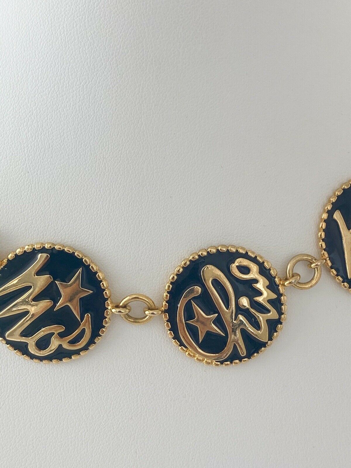 Moschino Vintage Gold Tone Logo Disc Necklace Black Enamel