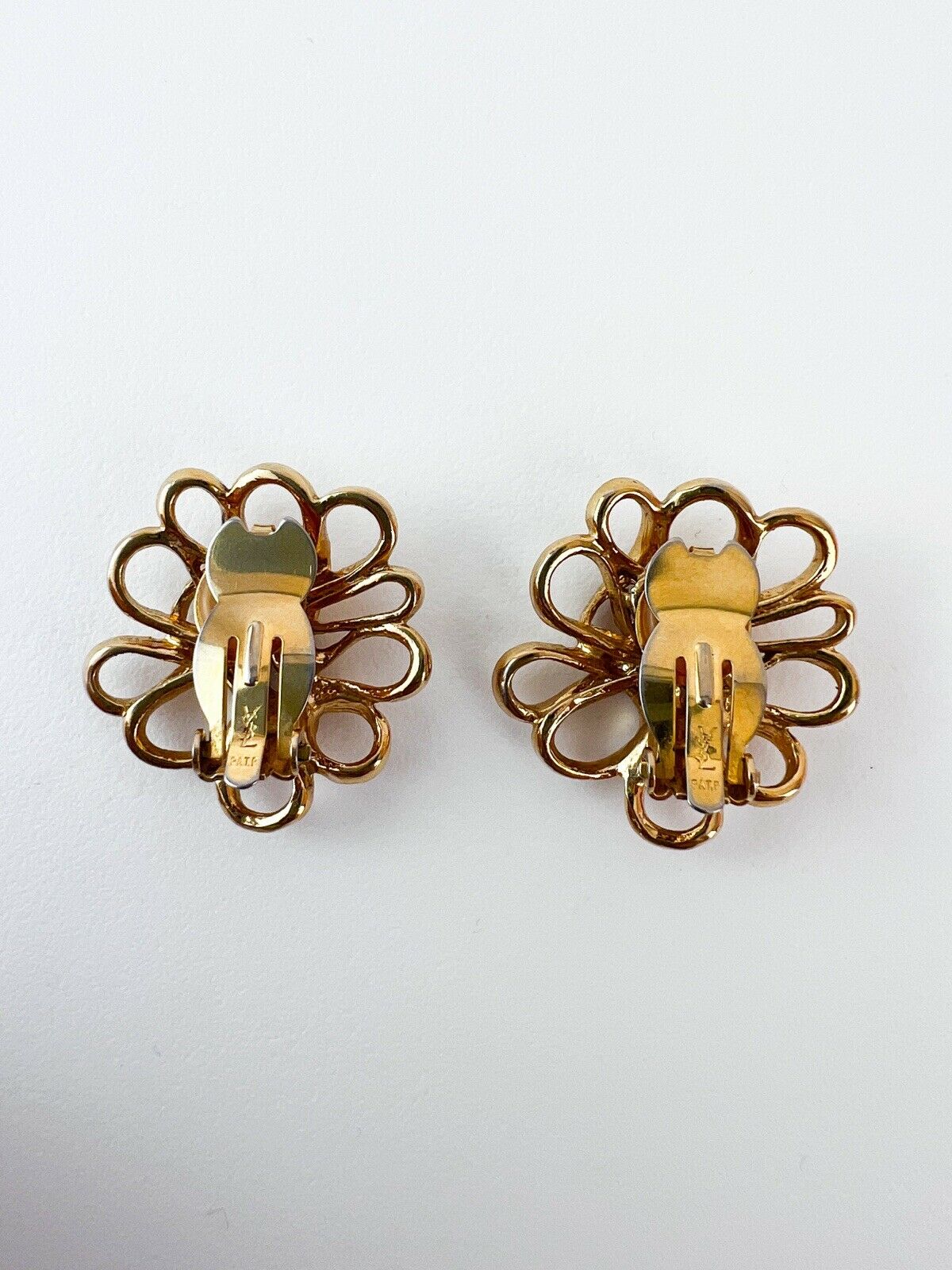 YSL Yves Saint Laurent Vintage Openwork Flower Wire Earrings Gold Tone