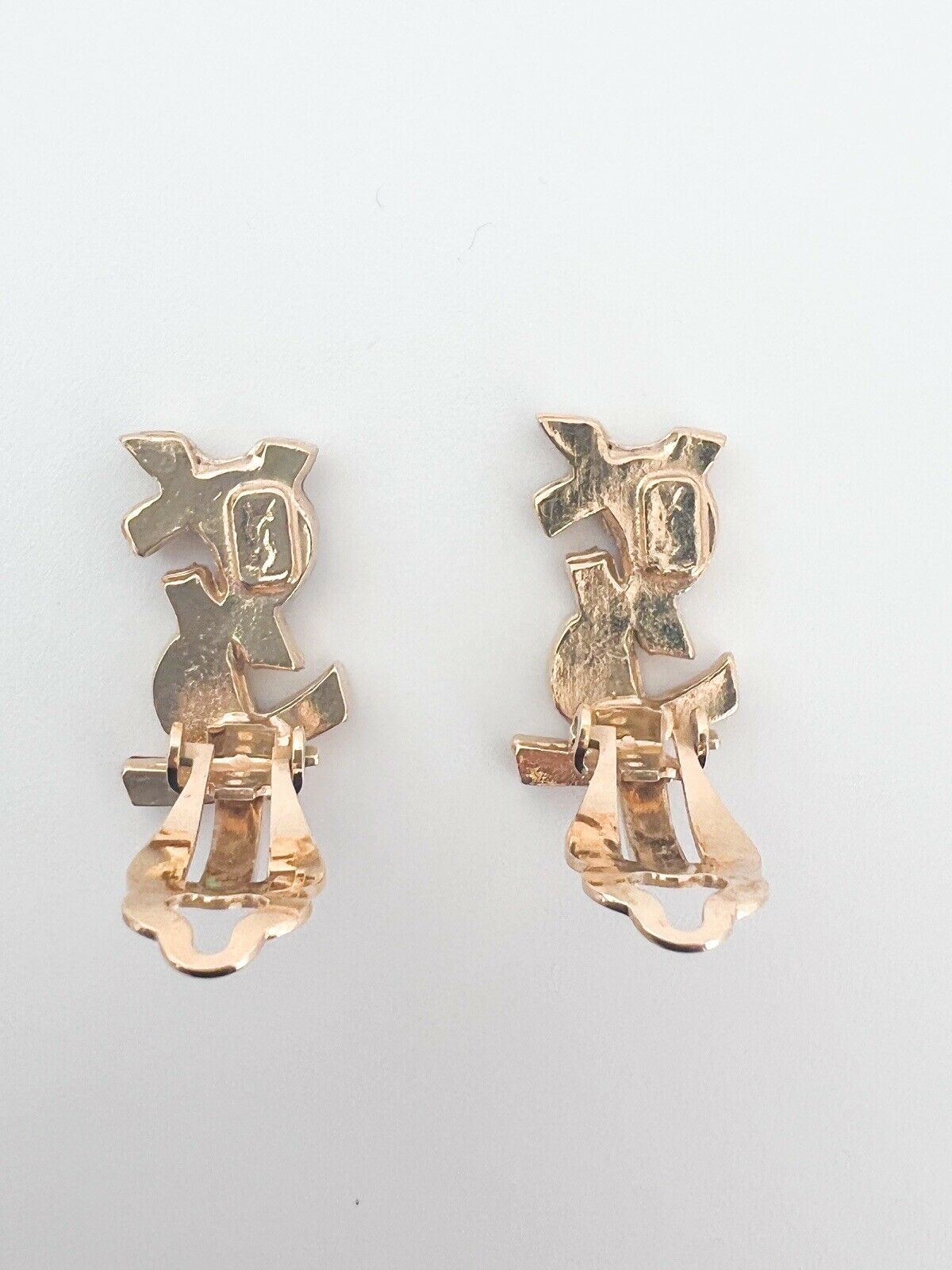 【SOLD OUT】YSL Yves Saint Laurent Vintage Gold Tone Logo Clip-On Earrings Rhinestones