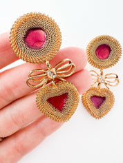 Vintage Gold Tone Dangling Earrings Heart Ribbon Red Pink Resin Unknown Brand
