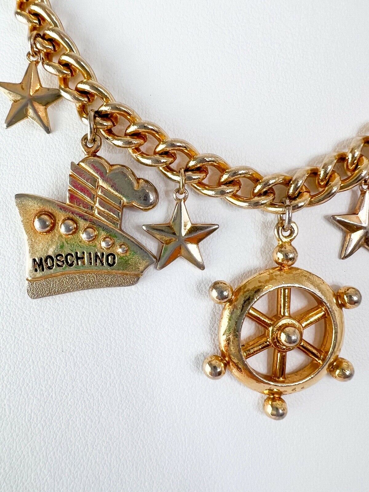 【SOLD OUT】Moschino Vintage Gold Tone Multi-Charm Chain Necklace Ship Anchor