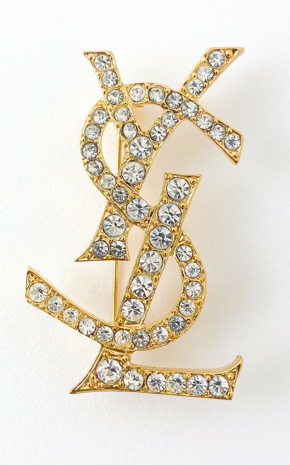 【SOLD OUT】YSL Yves Saint Laurent Vintage Gold Tone Logo Brooch Pin Rhinestones Collector Item