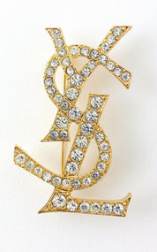 【SOLD OUT】YSL Yves Saint Laurent Vintage Gold Tone Logo Brooch Pin Rhinestones Collector Item