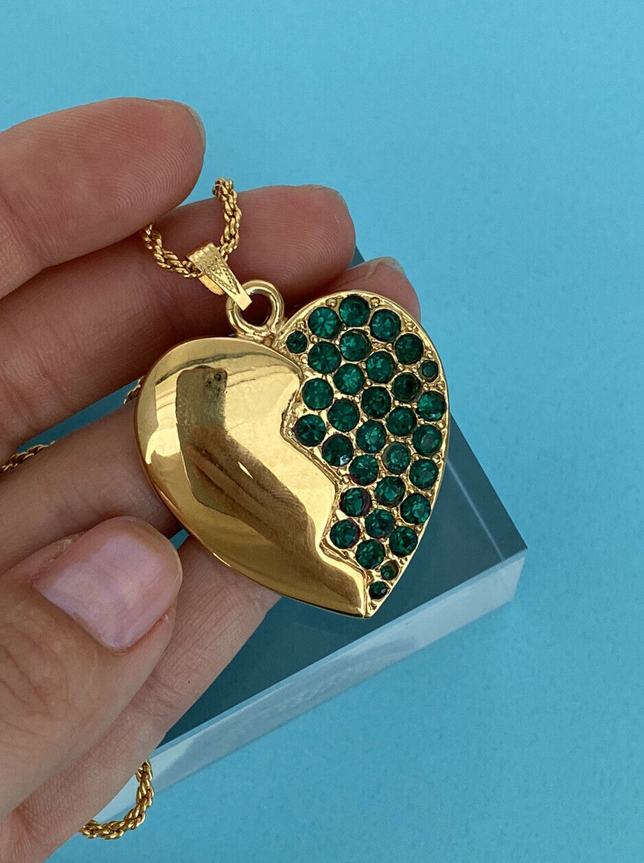 YSL Yves Saint Laurent Gold Tone Broken Heart Pendant Necklace Vintage Rhinestones Emerald Green