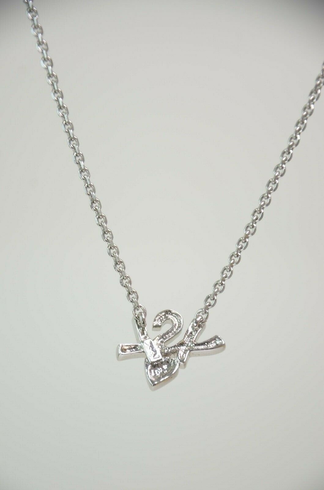 YSL Yves Saint Laurent Silver Tone Logo Heart Rhinestone Pendant Necklace Vintage