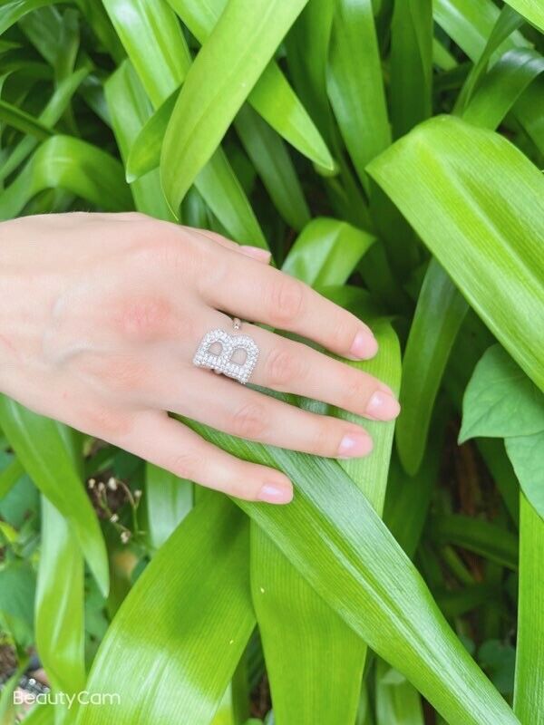 Alphabet Ring Initial B Swarovski Crystals Free Size Sterling Silver 925 Rhodium Plated