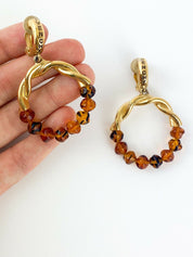 Givenchy Paris Vintage Gold Tone Hoop Earrings Logo Amber Beaded