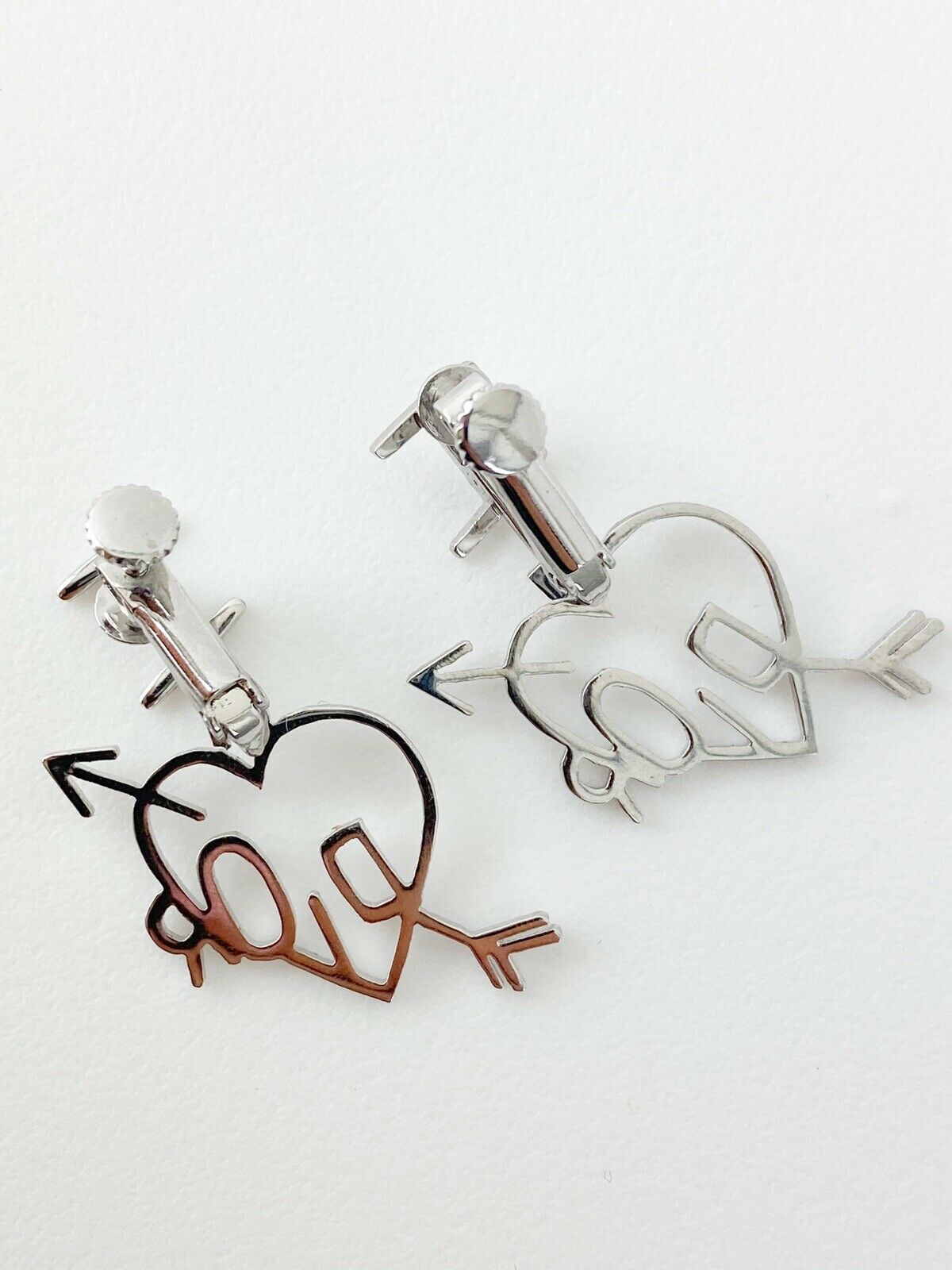 Christian Dior Vintage Silver Tone I Love Dior Earrings Dangling Heart