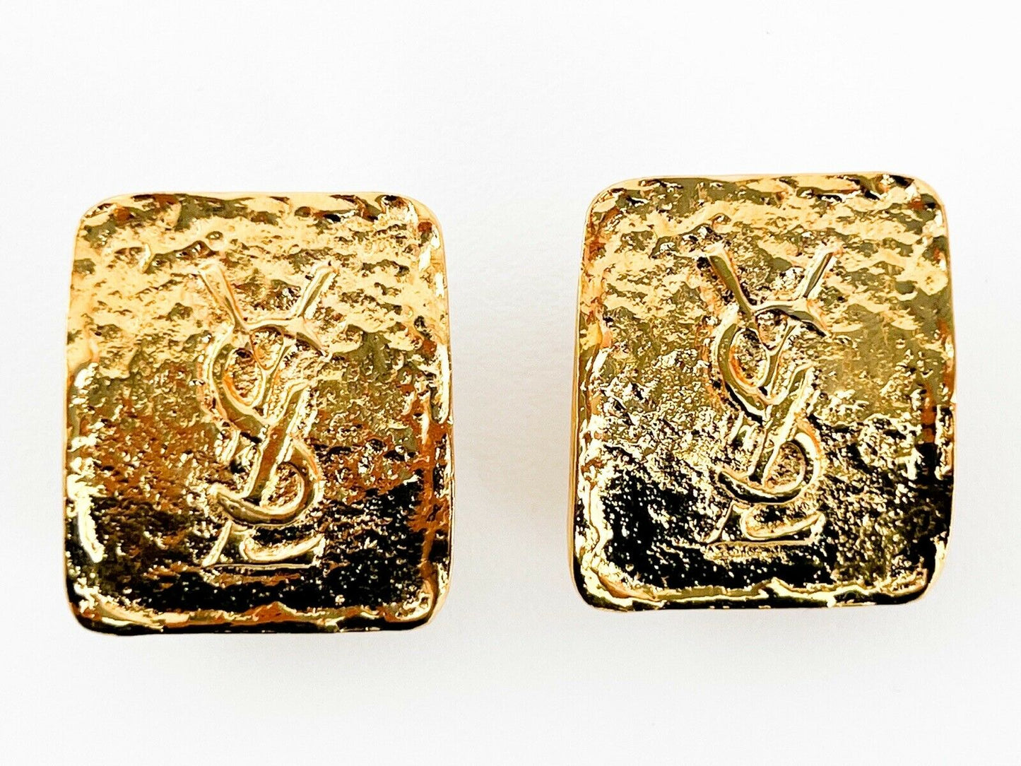 【SOLD OUT】YSL Yves Saint Laurent Vintage Gold Tone Clip-on Earrings Logo Rectangle