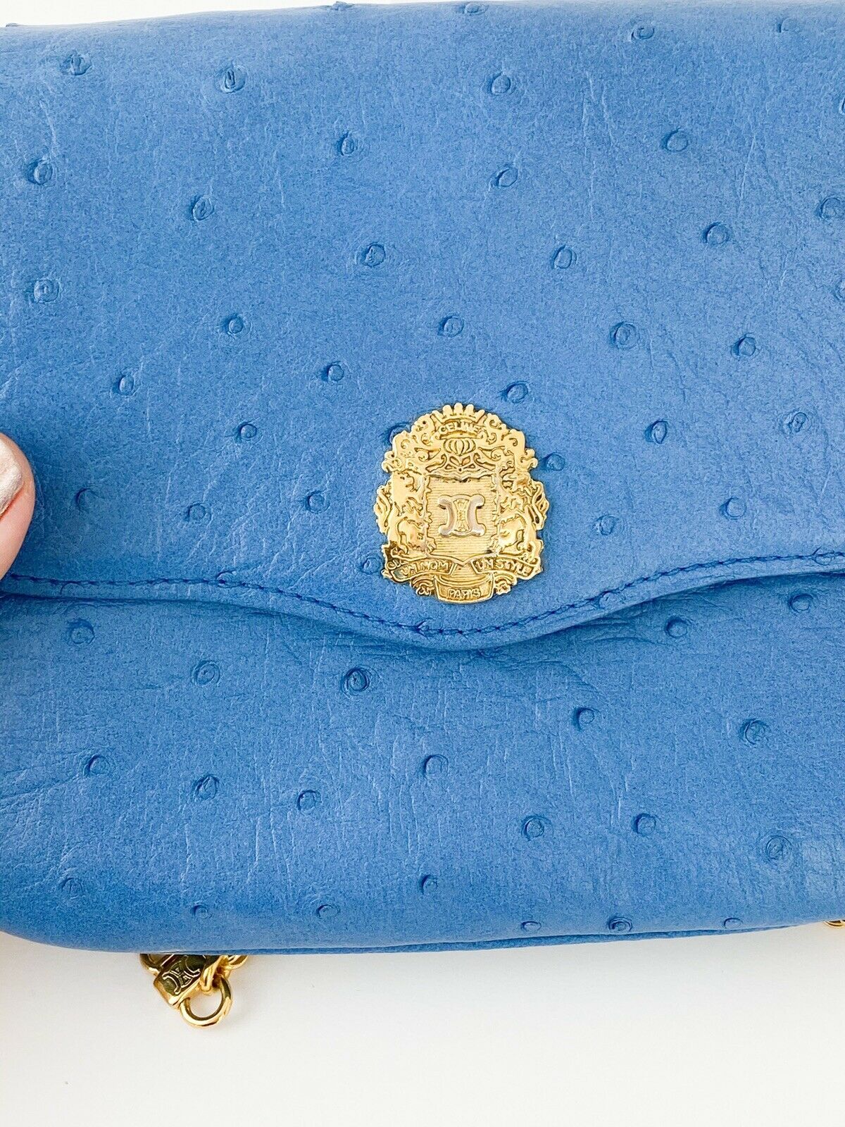 CELINE Vintage Ostrich Leather Blue Gold Chain Shoulder Bag Made in France