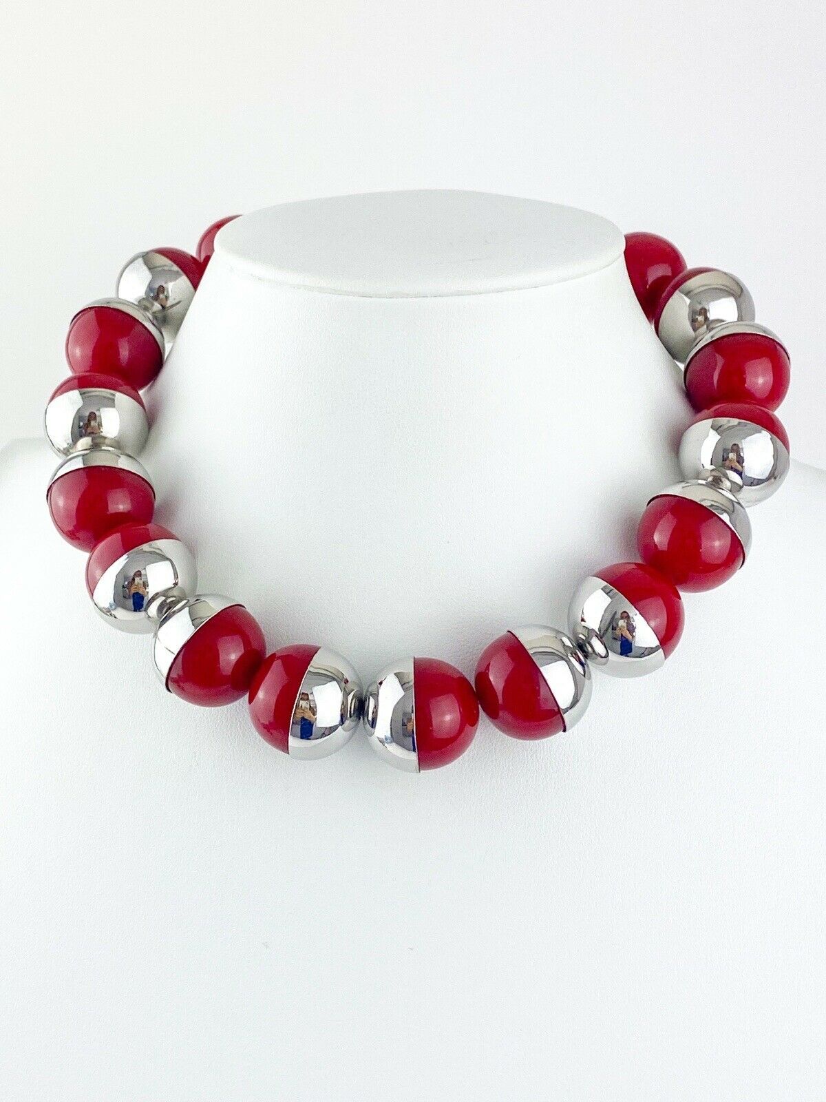 YSL Yves Saint Laurent Vintage Silver Tone Red Massive Bead Choker Necklace