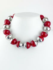 YSL Yves Saint Laurent Vintage Silver Tone Red Massive Bead Choker Necklace