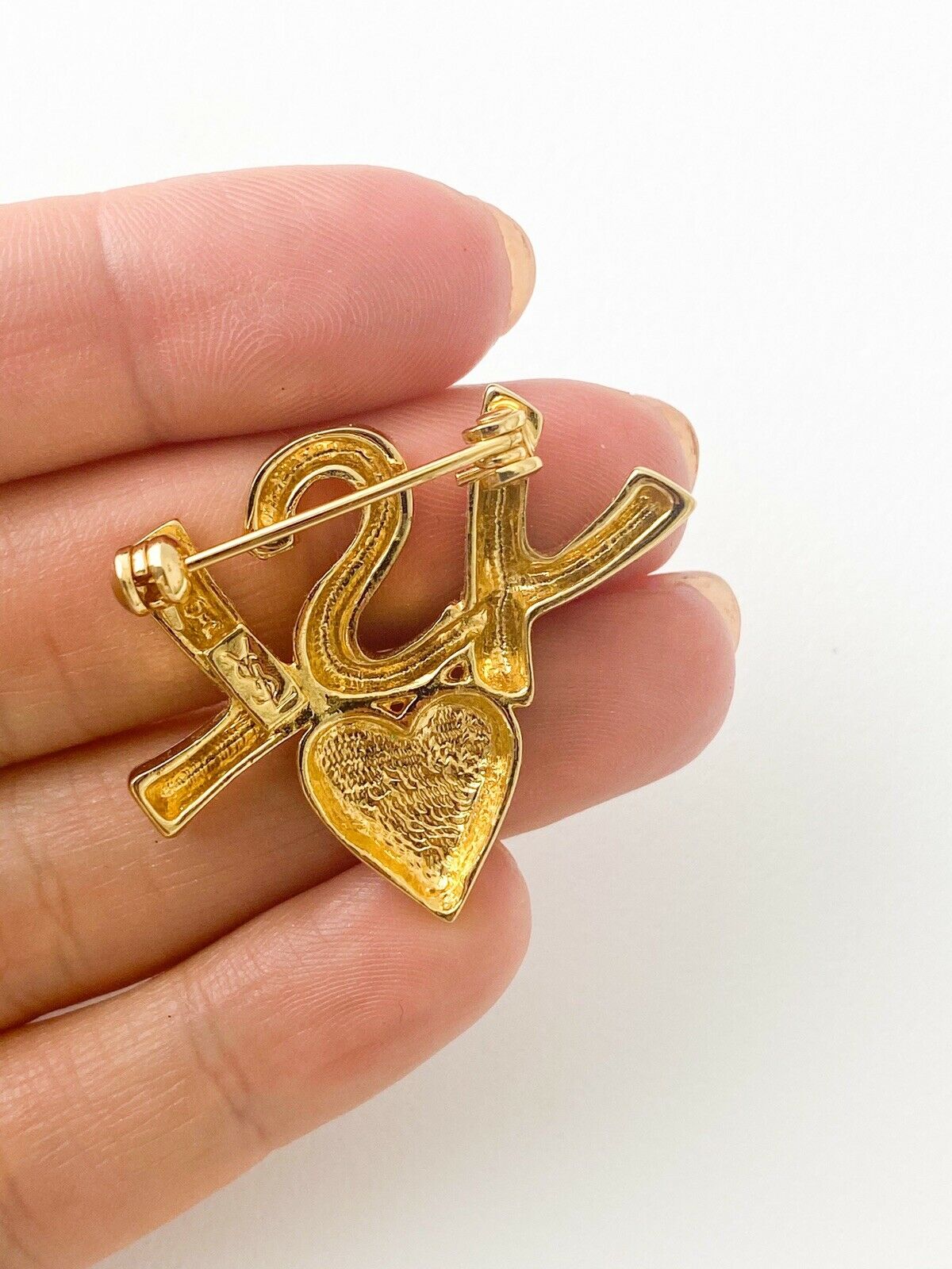 YSL Yves Saint Laurent Vintage Gold Tone YSL Logo Heart Brooch Pin