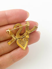 YSL Yves Saint Laurent Vintage Gold Tone YSL Logo Heart Brooch Pin