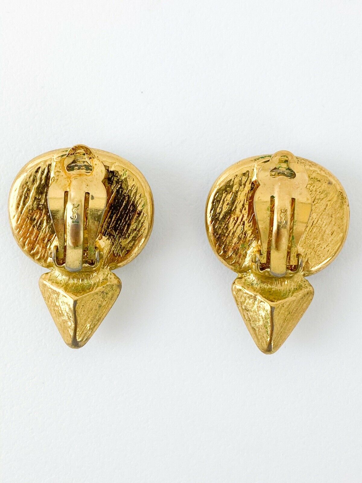 YSL Yves Saint Laurent Vintage Gold Tone Earrings Emerald Green Made in France