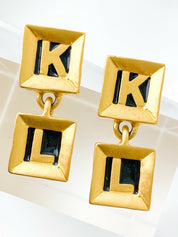 Karl Lagerfeld Vintage Gold Tone Dangle Earrings KL Script Square