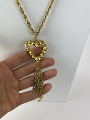 Moschino Vintage Gold Tone Openwork Heart Long Necklace Chain Fringe
