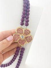 【SOLD OUT】YSL Yves Saint Laurent Vintage Gold Tone Flower Beaded Necklace Purple