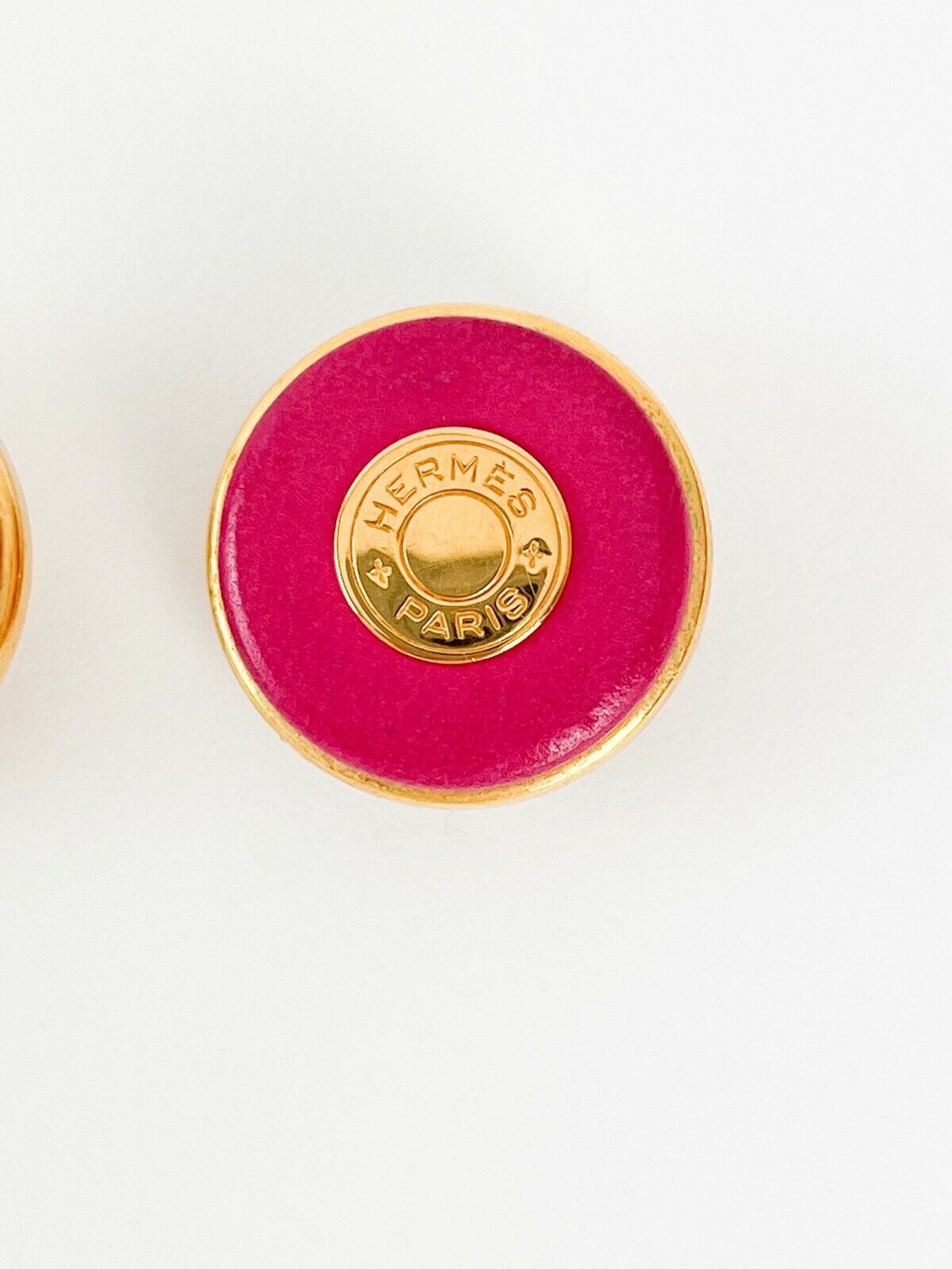 Hermes Paris Vintage Clip-On Earrings Round Leather Pink Gold Tone