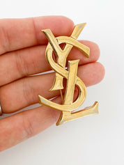 YSL Yves Saint Laurent Vintage Gold Tone Logo Brooch Pin