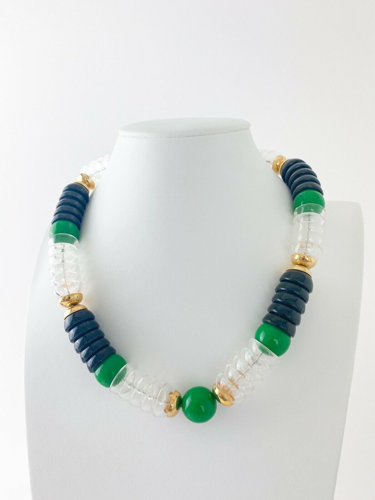 YSL Yves Saint Laurent Vintage Gold Tone Link Necklace Emerald Green Black