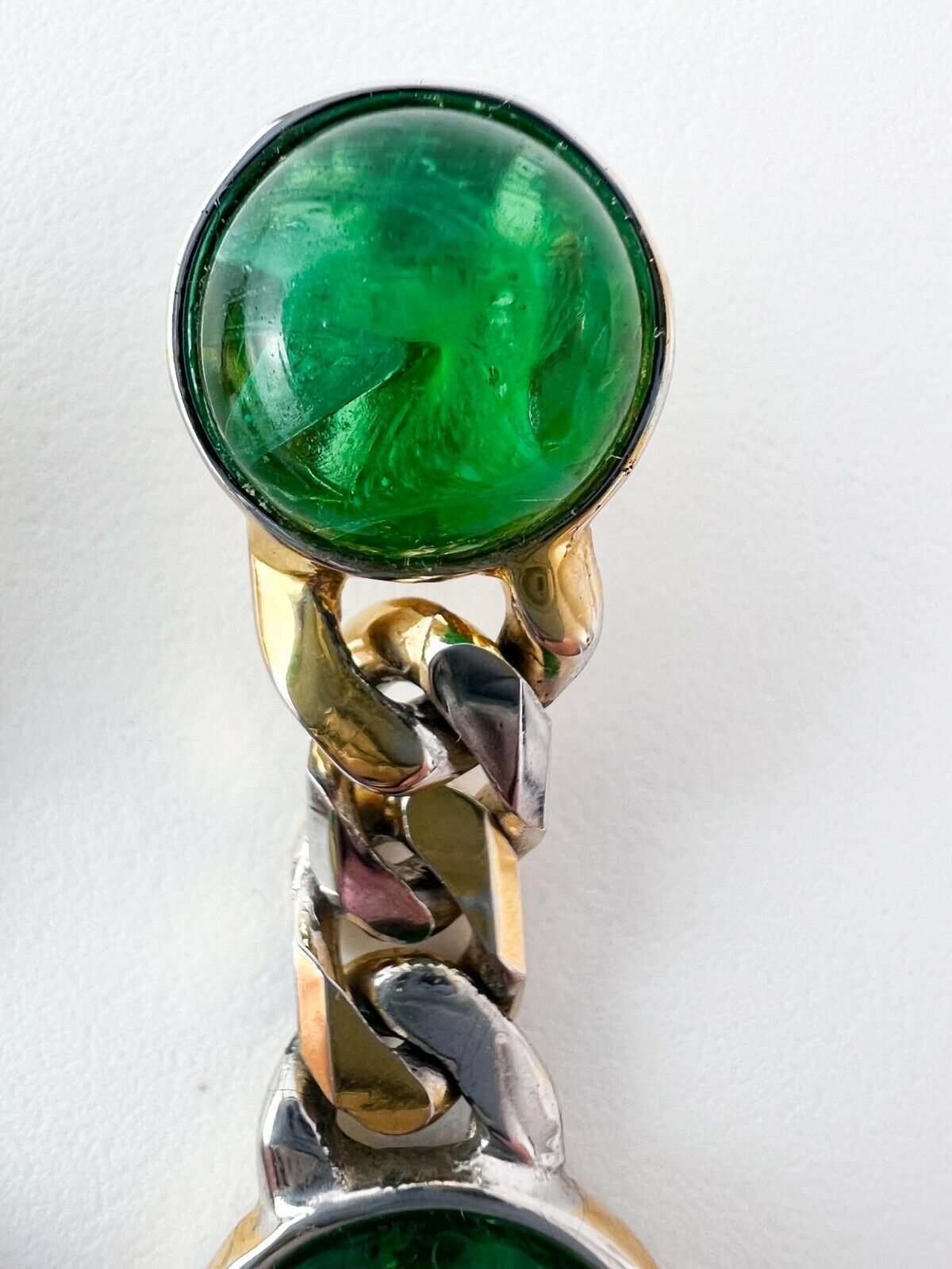 Vintage Dangling Earrings Chain Cabochon Emerald Green