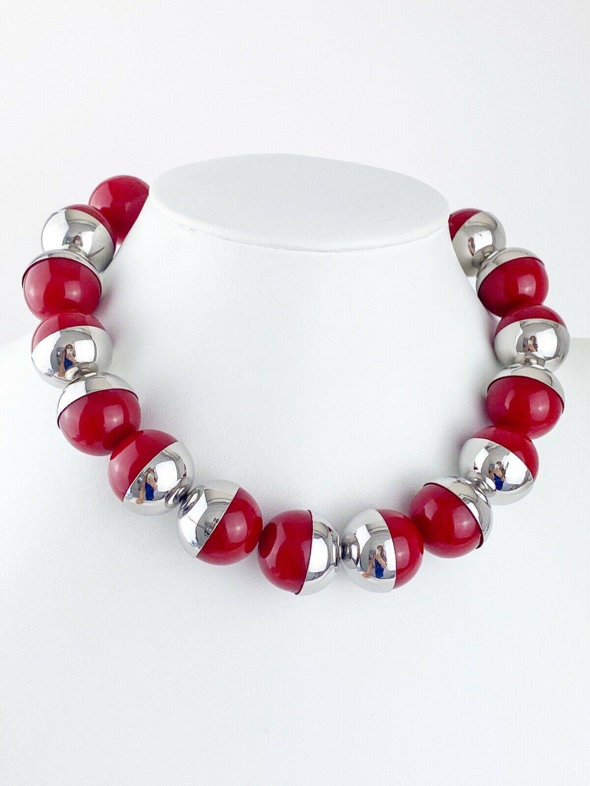 YSL Yves Saint Laurent Vintage Silver Tone Red Massive Bead Choker Necklace